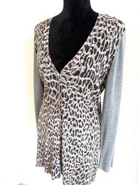 Chico’s Gray & Leopard Print Cardigan Women's Sweater With Crystal Embellishing